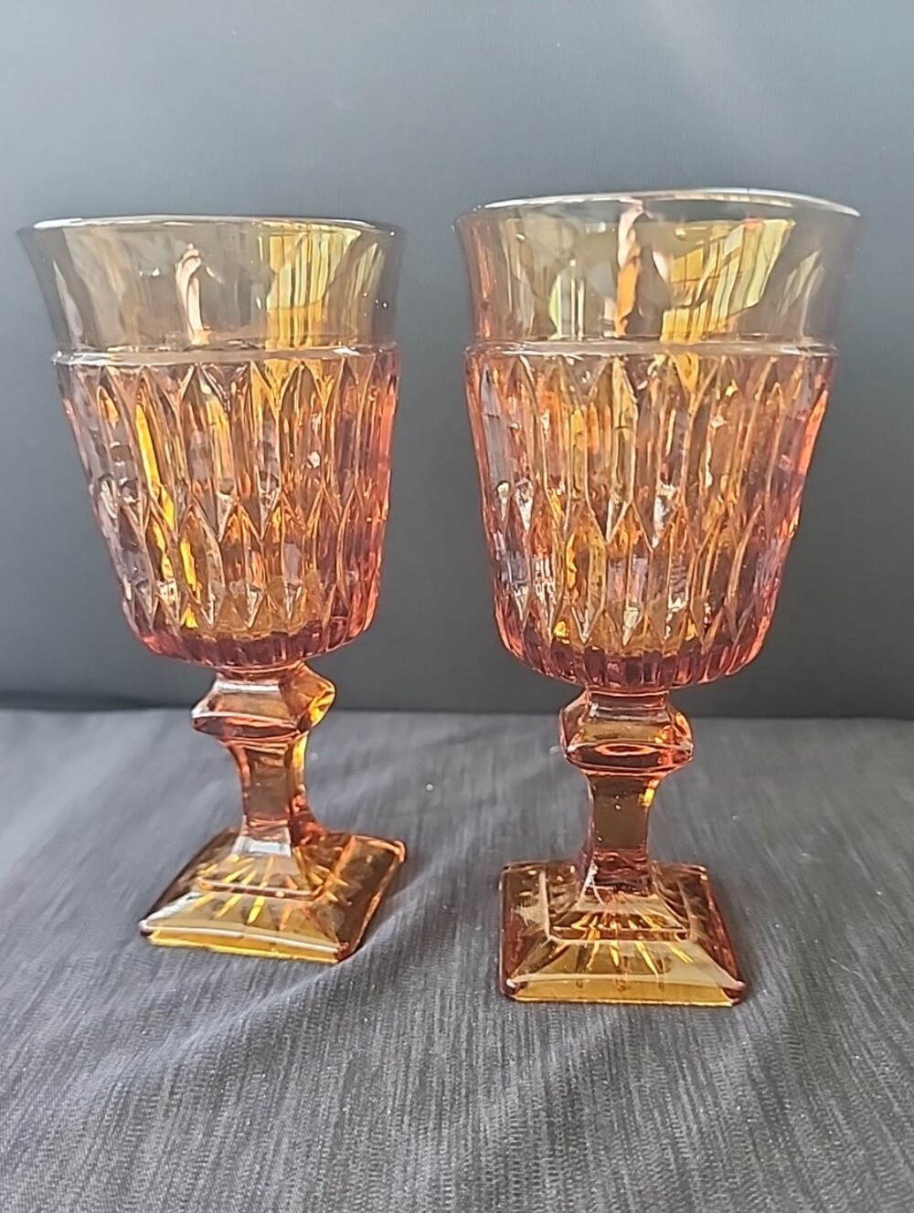 Vintage Mount Vernon Indiana Glass Amber Cordial Glasses x 2 Wine Juice 1960 USA